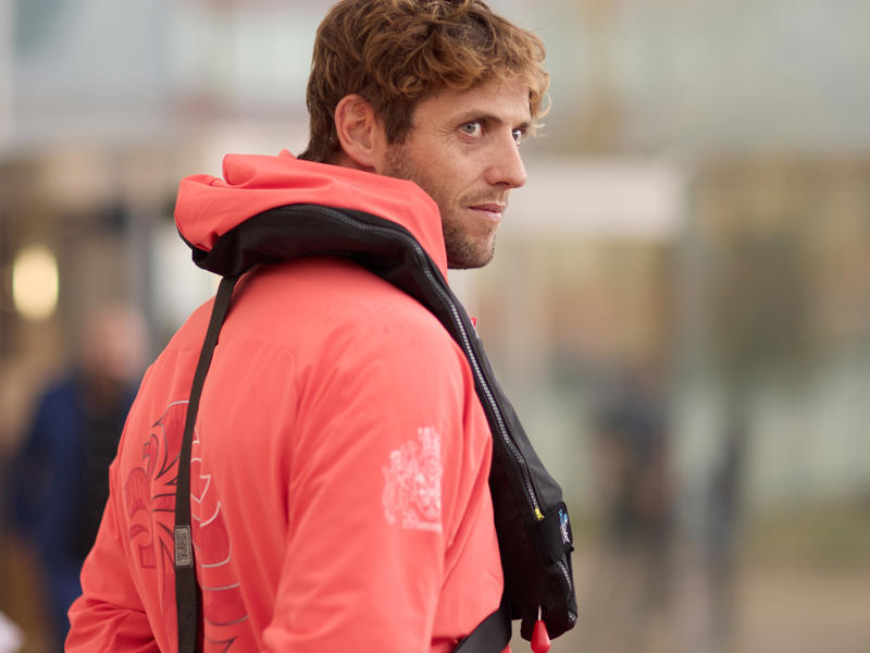 a person in a red jacket